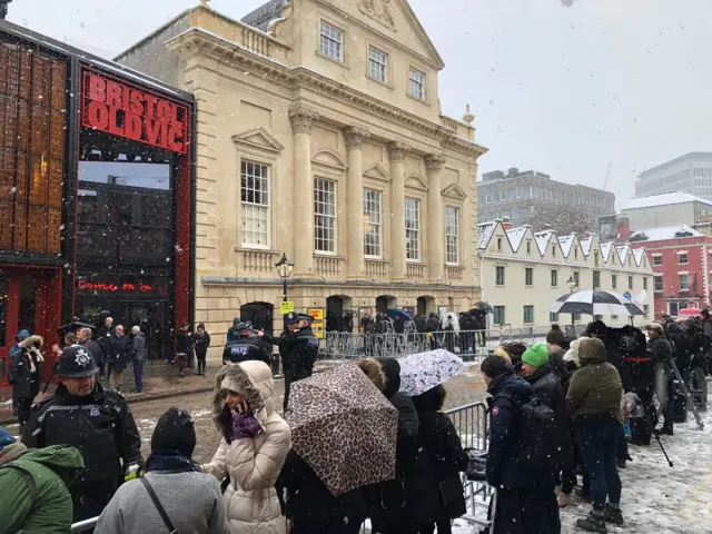 Image of crowds near the Bristol Old Vic waiting for Harry and Meghan