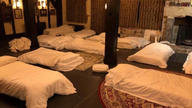 Bedding set up for those seeking shelter at the Jamaica Inn in Cornwall