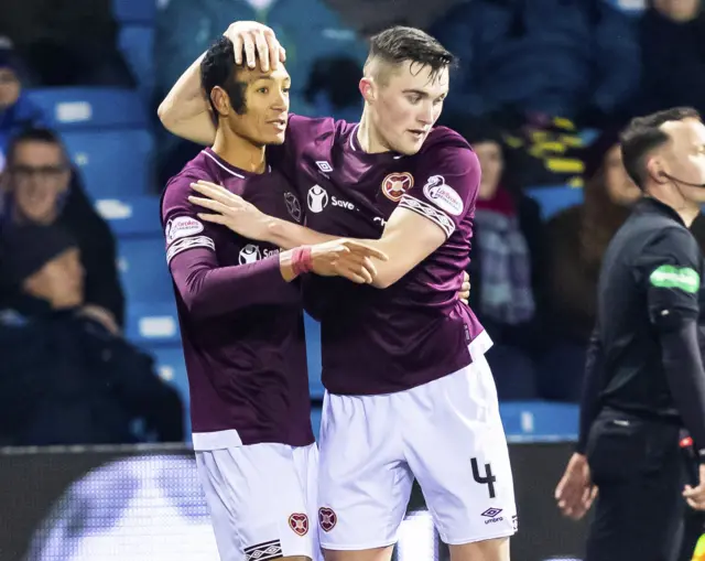 Hearts scorer Sean Clare celebrates with John Souttar