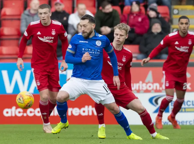 Queen of the South's Stephen Dobbie competes with Gary Mackay-Steven