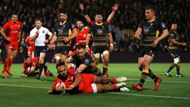 Saracens score their fourth try during the match