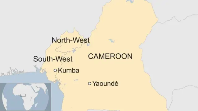 A map showing the location of Kumba in Cameroon, in relation to the capital city, Yaoundé.