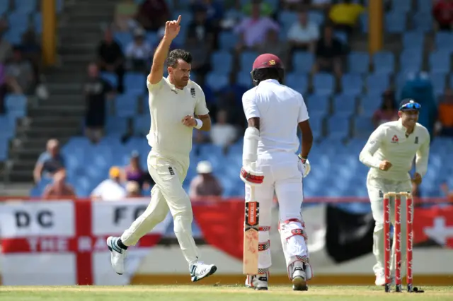 James Anderson of England celebrates taking the wicket of Kraigg Braithwaite of the West Indies