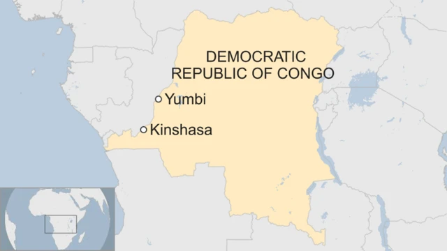 A map showing the location of Yumbi town in relation to the capital, Kinshasa.