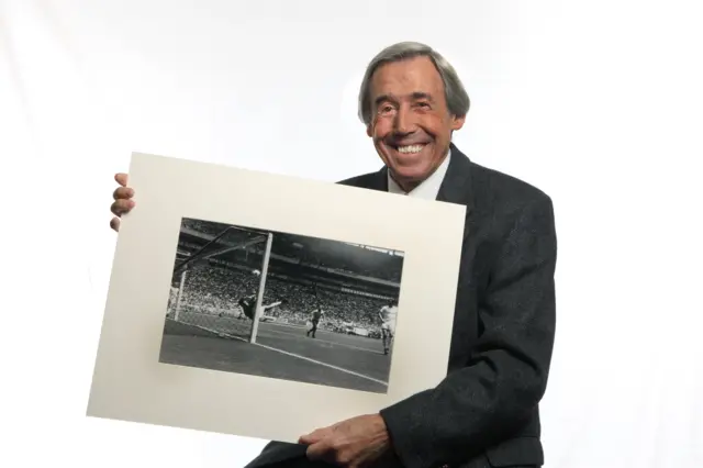 Gordon Banks with an image of his save against Pele at the 1970 World Cup