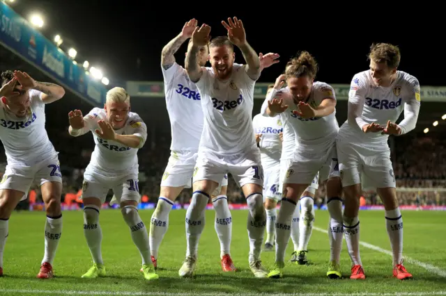 Leeds celebrate Pontus Jansson's goal