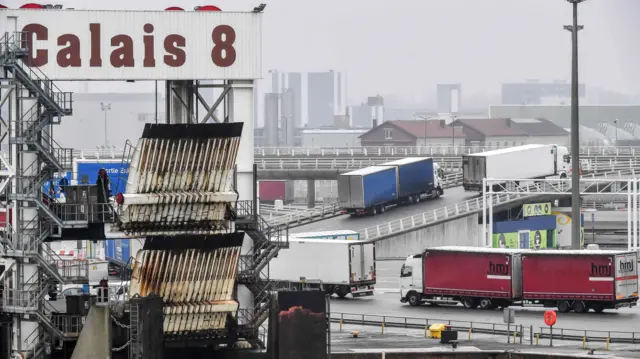 Lorries disembarking at the ferry terminal in Calais