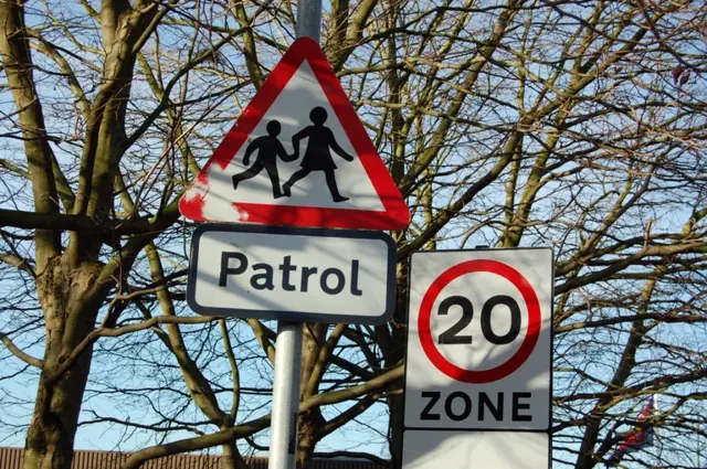 Road signs at a school