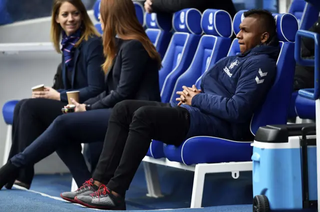 Rangers striker Alfredo Morelos in the dugout at Ibrox