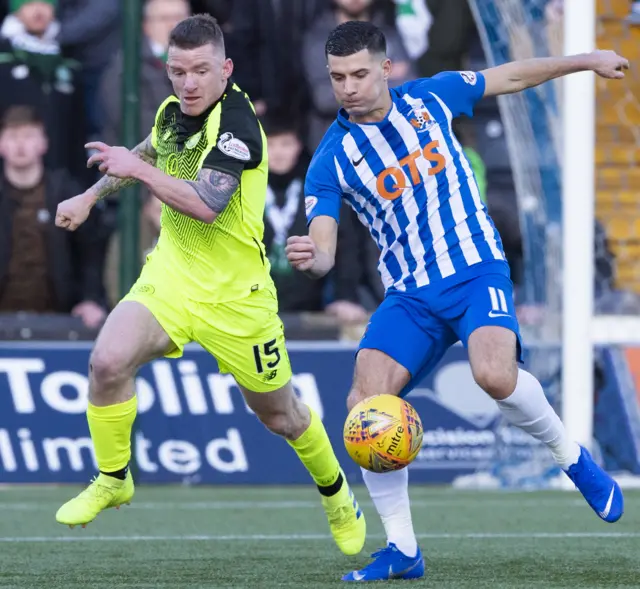 Celtic’s Jonny Hayes and Kilmarnock’s Jordan Jones compete for the ball