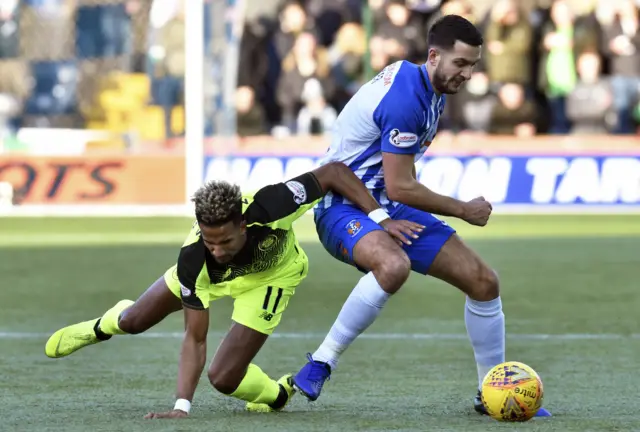 Celtic's Scott Sinclair tumbles to the floor whilst competing with Kilmarnock's Gary Dicker.