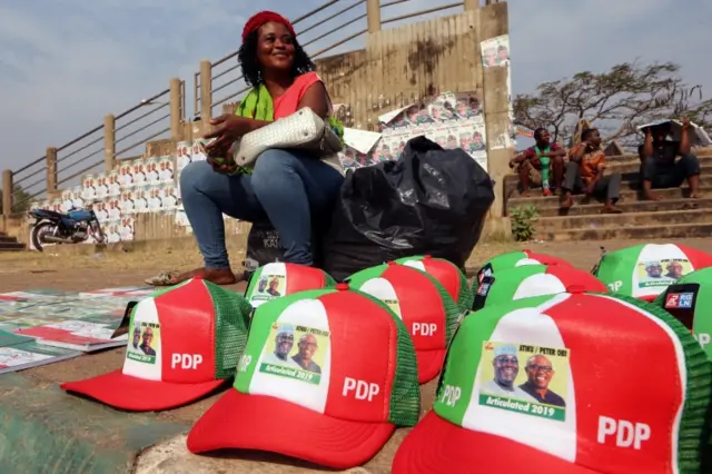 A street vendor sells PDP campaign merchandise in Makurdi, Nigeria January 26, 2019.