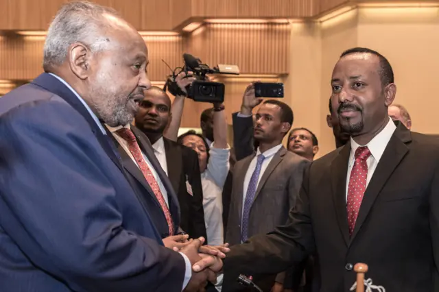 Ethiopia's Prime Minister Abiy Ahmed greets with Djibouti's President Ismail Omar Guelleh at the 33rd Extraordinary Summit of Intergovernmental Authority on Development (IGAD) in Addis Ababa, on September 12, 2018.