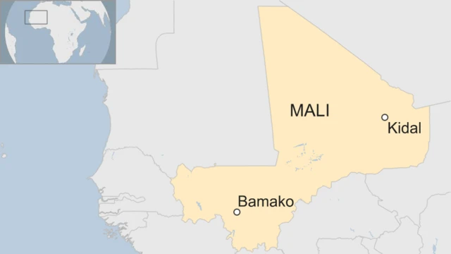 A map showing the location of the city of Kidal in relation to the capital, Mali.