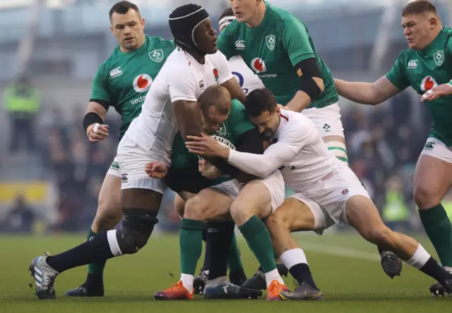 Maro Itoje tackles Keith Earls