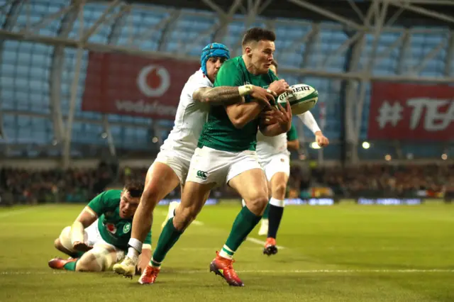 Jacob Stockdale fumbles the ball as he is tackled by Jack Nowell