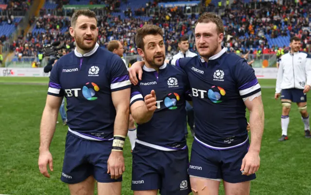 Tommy Seymour, Greig Laidlaw and Stuart Hogg celebrate Scotland's win in Rome last year