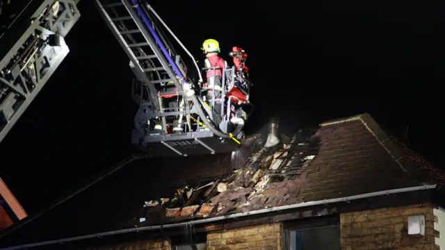 Firefighters on a ladder