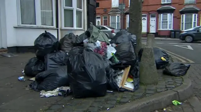 Rubbish piled up in Birmingham