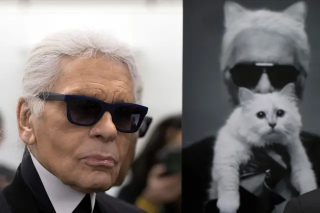 Karl Lagerfeld in 2014, next to a photograph of himself with Choupette