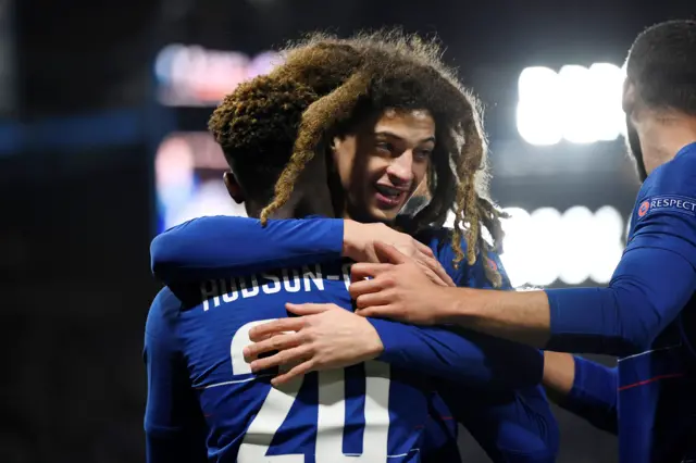 Callum Hudson-Odoi is hugged by Ethan Ampadu