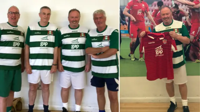 Brickfield Rangers players Kevin Roberts, Mick Ellingford, Gareth Downing and Russell Thomas at the Wales Walking Football trials (left) and Gareth with his Wales Walking Football kit (right)