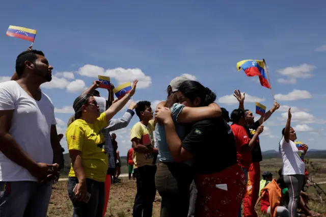 Evangelical demonstrators gather at the border between Venezuela and Brazil in Pacaraima, Roraima state, Brazil