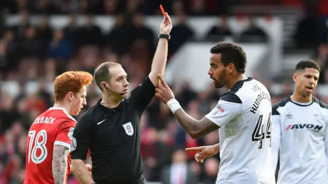 Tom Huddlestone is sent off playing for Derby County against Nottingham Forest