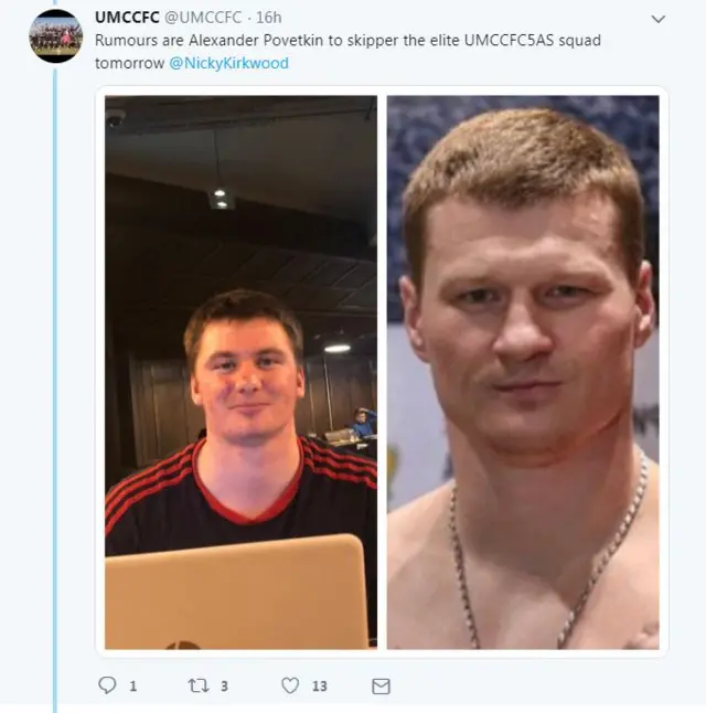 two photos side by side, one of a male entered into the FA People's Cup the other of Russian boxer Alexander Povetkin