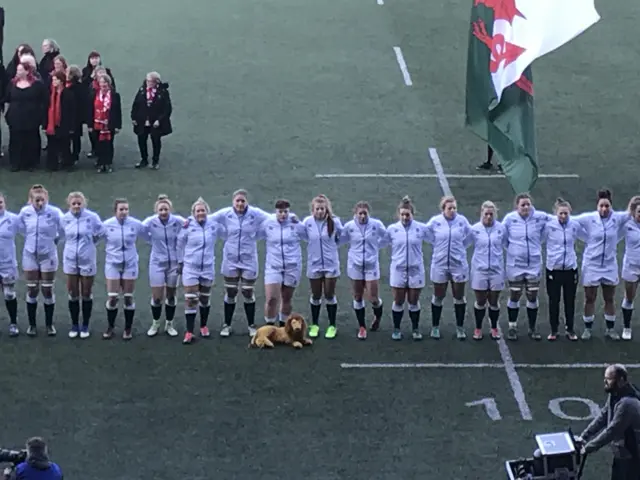 The England team line up with a toy lion in front of them