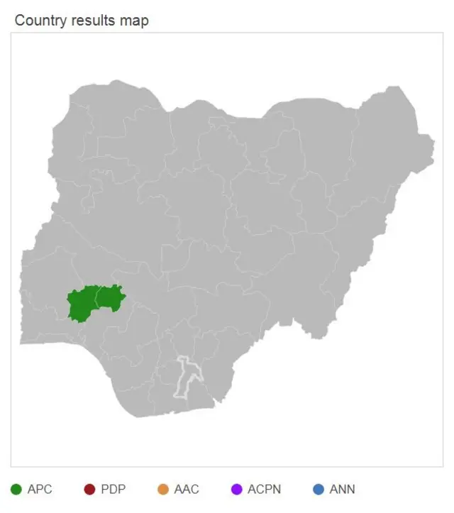 A map showing Osun State and Ekiti state highlighted in green as places where the incumbent has won