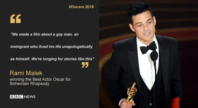 A quote reads: "We made a film about a gay man, an immigrant who lived his life unapologetically as himself. We're longing for stories like this." Next to the quote is a photo of the speaker, Rami Malek.