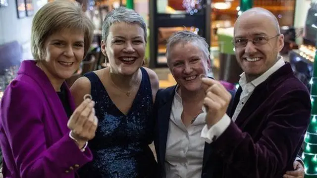 Susan (left) and Gerrie Douglas-Scott had Nicola Sturgeon and Patrick Harvie as witnesses at their wedding