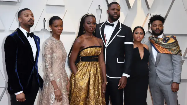 Actor Michael B. Jordan, Letitia Wright, Danai Gurira, Winston Duke, Zinzi Evans and husband director Ryan Coogler