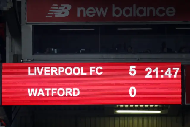 Anfield scoreboard showing Liverpool 5 Watford 0