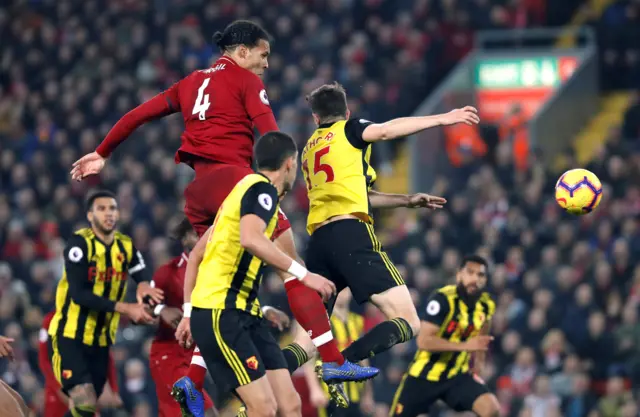 Virgil van Djik heads in Liverpool's second goal