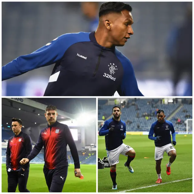 Rangers and Dundee players warming up at Ibrox ahead of tonight's game