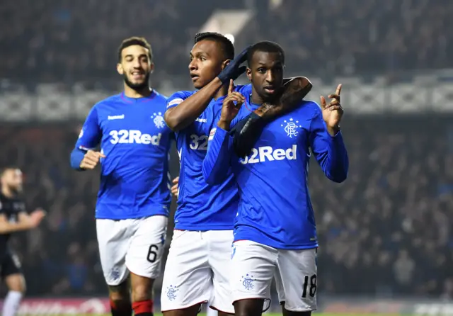 Rangers' Alfredo Morelos and Glen Kamara celebrate