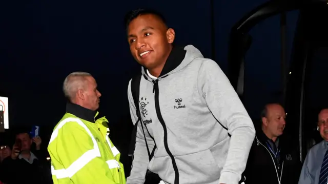 Rangers striker Alfredo Morelos arrives at Ibrox