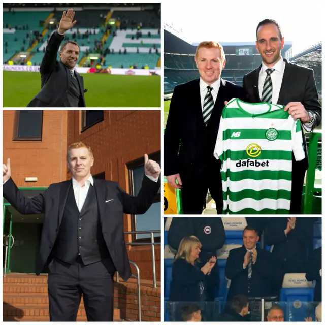 Clockwise from top left: Brendan Rodgers, Neil Lennon and John Kennedy, Rodgers at Leicester City's King Power Stadium and Lennon at Celtic Park