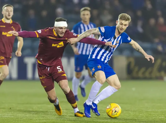 Motherwell's Tom Aldred contests the ball with Kilmarnock's Conor McAleny