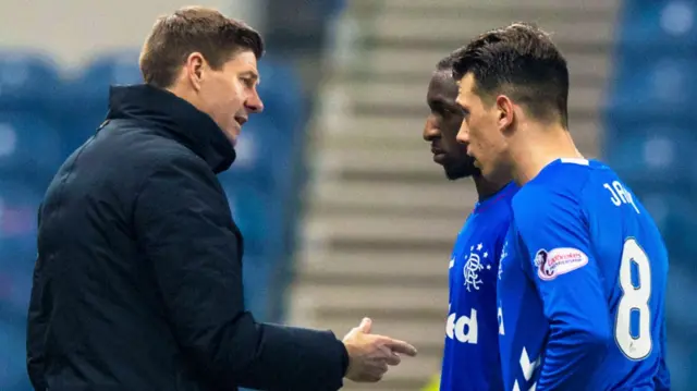 Rangers manager Steven Gerrard with Glen Kamara and Ryan Jack