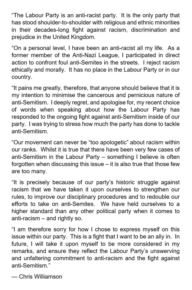 Apology from Chris Williamson