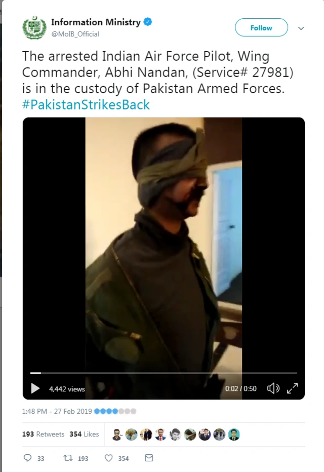 Pakistan information ministry video tweet shows a man bloodied and blindfolded