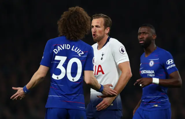 David Luiz and Harry Kane square up