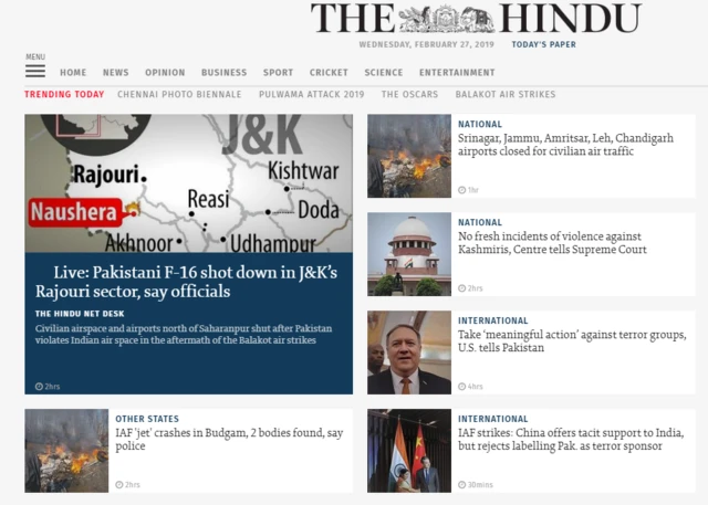 The Hindu front page says Pakistan F-16 shot down