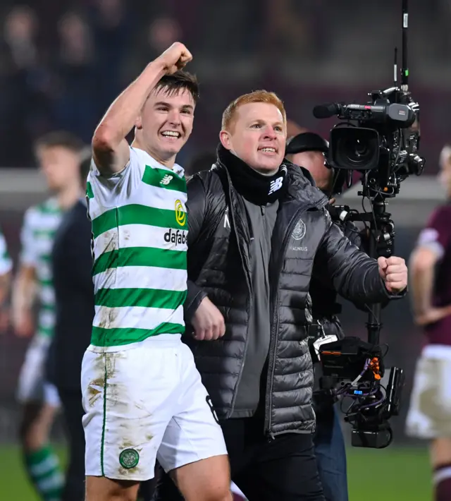 Celtic defender Kieran Tierney and manager Neil Lennon