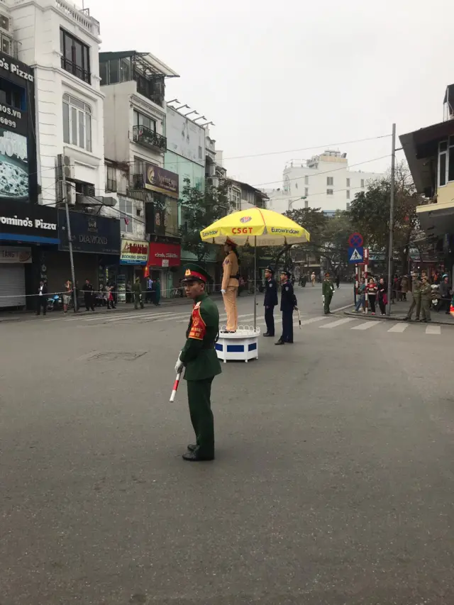 Police on a closed road in Hanoi