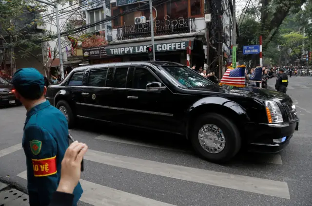 Convoy carrying U.S. President Trump heads towards the Metropole for his meeting with North Korean leader Kim Jong Un in Hanoi