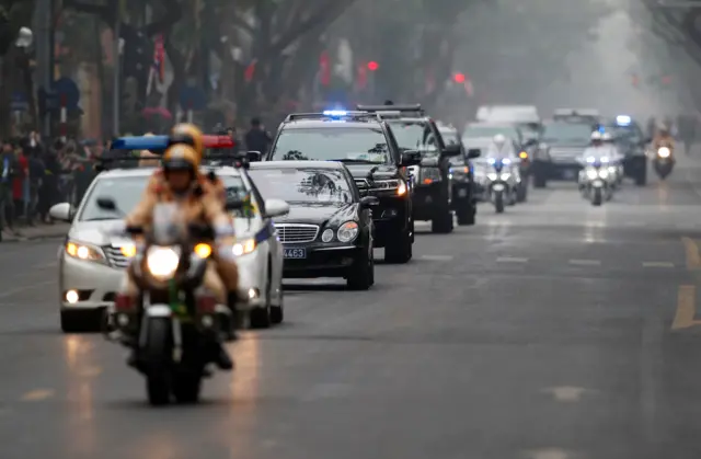 The motorcade of North Korea"s leader Kim Jong Un makes its way to the Metropole Hotel for the North Korea-U.S. summit in Hanoi